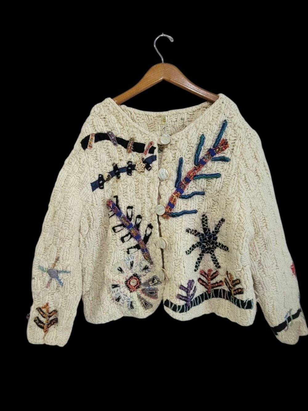 Vtg Sandy Starkman Chunky Knit Cardigan Womens XL Ivory Art to Wear Embellished